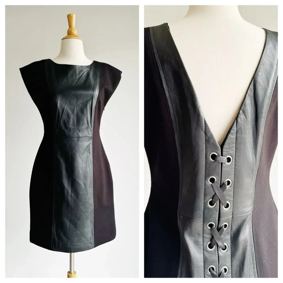 BOSTON PROPER | Black Leather Panel Lace Up Dress | 8 - Picture 1 of 8